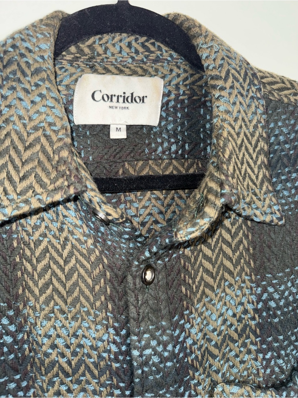 Corridor New York Men’s M Blue and Olive Brown Herringbone Acid Plaid Shirt